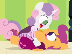 Size: 3200x2400 | Tagged: safe, artist:dtcx97, scootaloo, sweetie belle, comic:scootaloo & sweetie's night, g4, bed, blushing, clothes, explicit source, female, high res, lesbian, lineless, ship:scootabelle, shipping