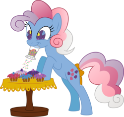 Size: 1194x1126 | Tagged: safe, artist:kaylathehedgehog, sweet stuff, twinkle eyed pony, g1, g4, bow, crystal berries, cupcake, cute, female, food, g1 to g4, generation leap, mouth hold, simple background, solo, sprinkles, sweet sweet stuff, tail bow, transparent background