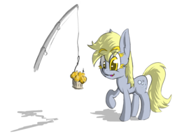 Size: 1072x823 | Tagged: safe, artist:magical disaster, derpy hooves, pegasus, pony, g4, bait, colored eyelashes, eyelashes, eyes on the prize, female, hook, mare, muffin, open mouth, raised hoof, smiling, solo, tang, this will end in tears