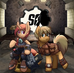 Size: 1280x1267 | Tagged: safe, artist:pippy, oc, oc only, oc:sierra scorch, oc:wanderlust, fallout equestria, commission, gun, stablequest, vault