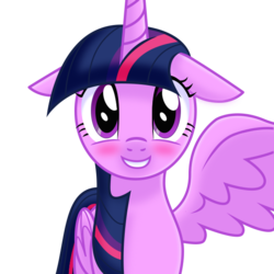 Size: 600x600 | Tagged: safe, artist:fragnostic, twilight sparkle, alicorn, pony, g4, blushing, female, floppy ears, grin, looking at you, mare, one wing out, simple background, smiling, solo, transparent background, twilight sparkle (alicorn)