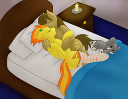 Size: 1280x996 | Tagged: safe, artist:daf, spitfire, oc, oc:chocolate chips, earth pony, pegasus, pony, g4, bed, candle, canon x oc, clothes, clover, cuddling, cute, eyes closed, female, firechips, floppy ears, four leaf clover, freckles, love, male, mare, on side, plushie, shipping, sleeping, smiling, snuggling, socks, stallion, straight, striped socks, thigh highs