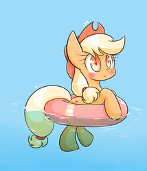 Size: 1200x1400 | Tagged: safe, artist:joycall6, applejack, g4, blushing, cowboy hat, cute, female, floaty, hat, inner tube, smiling, solo, stetson, swimming, water