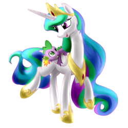 Size: 1024x1024 | Tagged: safe, artist:nadnerbd, princess celestia, spike, alicorn, dragon, pony, idw, spoiler:comic, baby, baby dragon, crown, female, folded wings, hoof shoes, jewelry, long mane, long neck, male, mare, momlestia, peytral, princess shoes, raised hoof, raised leg, regalia, simple background, slim, spikelove, transparent background, wings
