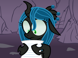 Size: 640x480 | Tagged: safe, artist:srsishere, queen chrysalis, changeling, nymph, g4, female, filly, filly-queen-chrysalis, frown, hoof hold, paper, solo, wide eyes