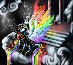 Size: 948x842 | Tagged: safe, artist:silfoe, rainbow dash, alicorn, pony, g4, alicornified, armor, badass, cloud, cloudsdale, cloudy, colored wings, element of loyalty, epic, female, glowing, glowing eyes, lightning, multicolored wings, race swap, rainbow wings, rainbowcorn, raised hoof, sitting, solo, spear, spread wings