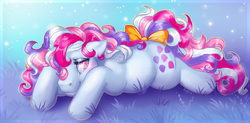 Size: 800x395 | Tagged: safe, artist:penanggalan, sweet stuff, earth pony, pony, twinkle eyed pony, g1, 2014, blue background, blushing, bow, cute, ears back, female, grass, lying down, mare, prone, shy, shy smile, simple background, smiling, solo, sweet sweet stuff, tail bow