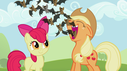 Size: 1920x1080 | Tagged: safe, edit, edited screencap, screencap, apple bloom, applejack, bat, g4, wat