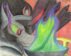 Size: 1024x805 | Tagged: safe, artist:thewolfheart89, king sombra, g4, fire, male, solo, traditional art