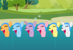 Size: 640x438 | Tagged: safe, applejack, fluttershy, pinkie pie, rainbow dash, rarity, twilight sparkle, g4, hat, lake, mane six, singing, swimming cap, synchronized swimming