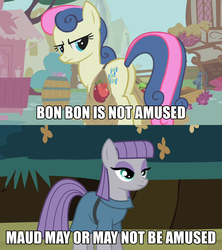 Size: 1280x1440 | Tagged: safe, edit, edited screencap, screencap, bon bon, maud pie, sweetie drops, earth pony, pony, call of the cutie, g4, maud pie (episode), bon bon is not amused, butt, female, image macro, mare, maud pie may or may not be amused, meme, plot