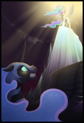 Size: 1000x1452 | Tagged: safe, artist:phierlon, nightmare moon, princess celestia, alicorn, pony, g4, banishment, broken horn, crepuscular rays, fight, floppy ears, glowing eyes, gritted teeth, horn, scared, spread wings, sunlight, vertigo, wide eyes