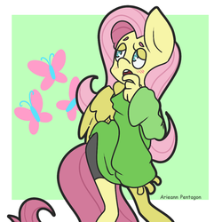 Size: 1000x1000 | Tagged: safe, artist:arieann-pentagon, fluttershy, anthro, g4, clothes, female, off shoulder, solo, sweater, sweatershy