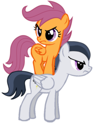Size: 539x715 | Tagged: safe, artist:dreamcasterpegasus, rumble, scootaloo, g4, age regression, angry, female, male, older, ponies riding ponies, riding, scootaloo riding rumble, ship:rumbloo, shipping, straight