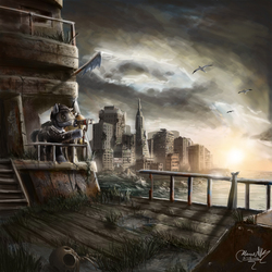Size: 1000x1000 | Tagged: safe, artist:turbopower1000, oc, oc only, oc:firefly, oc:tinkerer, fallout equestria, binoculars, boat, city, duo, new colt city, ocean, ruined city, san franciscolt, scenery, skyscraper