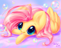 Size: 2230x1747 | Tagged: safe, artist:katputze, fluttershy, g4, bubble, colored eyelashes, cute, eyelashes, female, fluffy, looking at you, no nose, prone, shyabetes, smiling, solo, weapons-grade cute