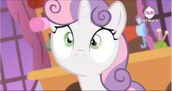 Size: 867x458 | Tagged: safe, screencap, sweetie belle, for whom the sweetie belle toils, g4, animation error, female, hub logo, no mouth, solo