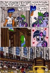 Size: 1369x1983 | Tagged: safe, artist:newyorkx3, flash sentry, spike, twilight sparkle, alicorn, dragon, human, pony, comic:twilight and the big city, g4, book, comic, female, heart, library, male, mare, that pony sure does love books, traditional art, twilight sparkle (alicorn)