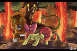 Size: 4000x2645 | Tagged: safe, artist:amberswirl, apple bloom, chimera sisters, chimera, earth pony, pony, g4, somepony to watch over me, antagonist, behind, facing away, female, filly, fire, fire swamp, flame geyser, multiple heads, scene interpretation, three heads