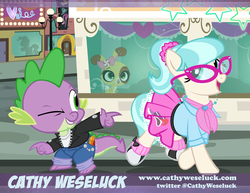 Size: 1000x773 | Tagged: safe, artist:pixelkitties, coco pommel, mayor mare, spike, dragon, earth pony, pony, rabbit, g4, 50's fashion, 50s, alternate hairstyle, animal, bandana, buttercream sunday, cathy weseluck, chains, clothes, crossover, gem, glasses, greaser, grin, jeans, leather jacket, littlest pet shop, manehattan, open mouth, pixelkitties' brilliant autograph media artwork, pointing, ponytail, shirt, silhouette, skirt, smiling, voice actor joke, wink