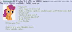 Size: 570x254 | Tagged: safe, scootaloo, g4, /mlp/, 4chan, 4chan screencap, anon in equestria, greentext, rejection is magic, sad, text