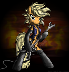 Size: 965x1000 | Tagged: safe, artist:flutterthrash, applejack, pony, semi-anthro, g4, somepony to watch over me, alternate hairstyle, arm hooves, b.c. rich, bipedal, clothes, electric guitar, female, fire, fireproof boots, guitar, metal, musical instrument, solo, vest