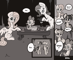 Size: 1280x1067 | Tagged: safe, artist:otterlore, fluttershy, rainbow dash, rarity, spike, twilight sparkle, drider, monster pony, original species, spider, spiderpony, g4, apple, cake, cave, comic, grayscale, monochrome, spiderponyrarity, table, tea, tea party, tumblr