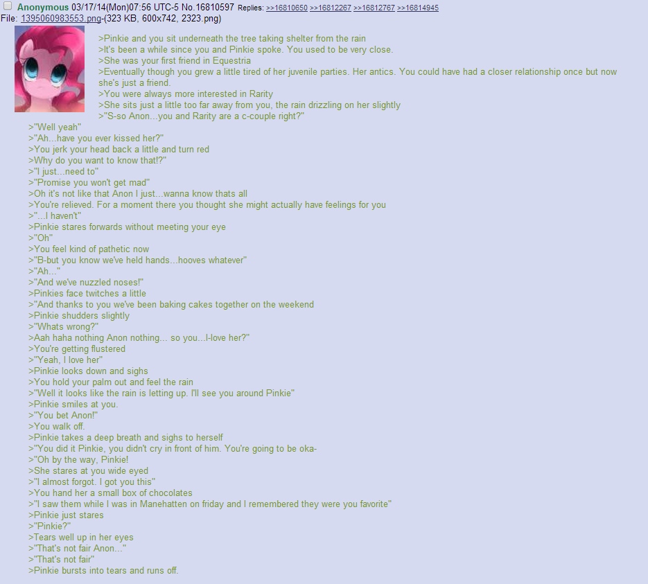 580763 - safe, pinkie pie, g4, /mlp/, 4chan, 4chan screencap, anon in  equestria, feels, greentext, rejection, rejection is magic, sad, text -  Derpibooru