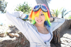 Size: 1024x685 | Tagged: safe, artist:nyusho, rainbow dash, human, g4, cosplay, goggles, irl, irl human, photo, smiling, solo