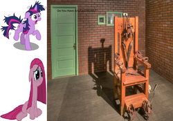 Size: 800x559 | Tagged: safe, pinkie pie, twilight sparkle, g4, electric chair, execution, jail, pinkamena diane pie, prison, punishment, twilight snapple