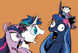 Size: 526x357 | Tagged: safe, idw, princess luna, shining armor, tiberius, twilight sparkle, alicorn, pony, g4, excited twilight meme, exploitable meme, female, mare, meme, screaming armor, twilight sparkle (alicorn), yelling