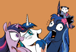 Size: 526x357 | Tagged: safe, princess luna, shining armor, tiberius, twilight sparkle, alicorn, pony, g4, exploitable meme, female, mare, meme, twilight sparkle (alicorn)