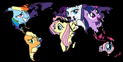 Size: 2479x1259 | Tagged: safe, artist:drawponies, applejack, fluttershy, pinkie pie, rainbow dash, rarity, twilight sparkle, alicorn, pony, g4, africa, asia, australia, earth, europe, female, mane six, map, mare, north america, ponies as regions, ponies take over, south america, twilight sparkle (alicorn), world map