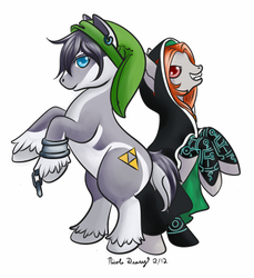 Size: 367x400 | Tagged: safe, artist:puppet-runo, link, midna, ponified, simple background, the legend of zelda, the legend of zelda: twilight princess