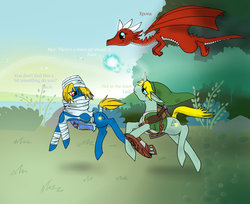 Size: 900x733 | Tagged: safe, artist:ashandi, dragon, earth pony, pony, epona, female, link, mare, navi, ponified, sheik, the legend of zelda