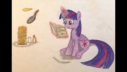 Size: 1191x670 | Tagged: safe, artist:thefriendlyelephant, twilight sparkle, alicorn, pony, g4, book, female, magic, milk, pan, pancakes, sitting, solo, syrup, traditional art, twilight sparkle (alicorn)