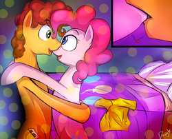 Size: 1100x890 | Tagged: safe, artist:dragk, cheese sandwich, pinkie pie, earth pony, pony, g4, bed, bipedal, close-up, clothes, duo, eye contact, female, happy, heart, hug, kiss on the lips, kissing, lips, male, mare, ship:cheesepie, shipping, shirt, smiling, stallion, straight