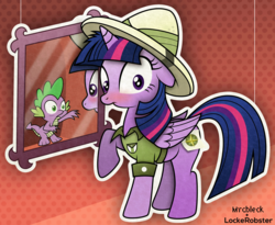 Size: 4440x3642 | Tagged: safe, artist:lockerobster, artist:mrcbleck, daring do, spike, twilight sparkle, alicorn, pony, g4, blushing, caught, cosplay, daring do costume, female, mare, mirror, twilight sparkle (alicorn)