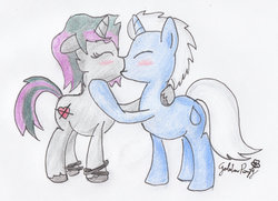 Size: 1024x742 | Tagged: safe, artist:goldenpansy, oc, oc only, oc:frost bite, pony, unicorn, commission, female, kissing, male, straight