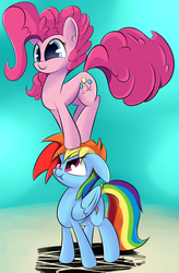 Size: 1024x1560 | Tagged: safe, artist:madacon, pinkie pie, rainbow dash, earth pony, pegasus, pony, g4, annoyed, female, floppy ears, mare, scrunchy face, standing on head, tower of pony