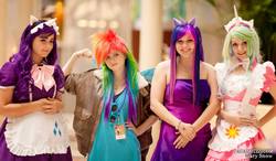 Size: 2048x1200 | Tagged: safe, artist:jennabrowne, artist:skywardelf, princess celestia, rainbow dash, rarity, twilight sparkle, human, g4, cosplay, irl, irl human, photo