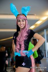 Size: 1366x2048 | Tagged: artist needed, safe, fluttershy, human, g4, 2013, bunny ears, clothes, convention, cosplay, cosplay jules, dangerous mission outfit, florida, florida supercon, irl, irl human, papanotzzi, photo, solo, supercon