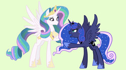 Size: 4500x2500 | Tagged: safe, artist:kianamai, princess celestia, princess luna, alicorn, pony, for whom the sweetie belle toils, g4, season 4, alternate hairstyle, discussion, female, horn, mare, royal sisters, siblings, simple background, sisters, solo, spread wings, wings