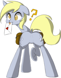 Size: 391x500 | Tagged: safe, artist:rice, edit, derpy hooves, pegasus, pony, g4, butt, dock, featureless crotch, female, letter, mare, mouth hold, plot, solo