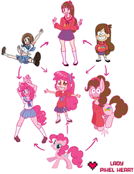 Size: 2975x3850 | Tagged: safe, artist:ladypixelheart, pinkie pie, anthro, g4, ambiguous facial structure, crossover, crossover fusion, fusion, fusion diagram, gravity falls, high res, kill la kill, mabel pines, mako mankanshoku, male, this isn't even my final form