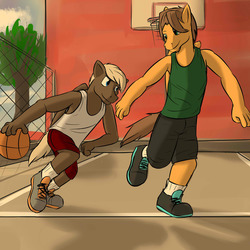Size: 1280x1280 | Tagged: safe, artist:fuzebox, dumbbell, hoops, anthro, plantigrade anthro, g4, basketball, basketball court, clothes, hoop, male, shirt, shoes, shorts, sneakers