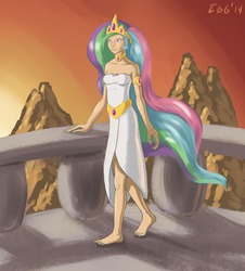 Size: 1280x1419 | Tagged: safe, artist:tggeko, princess celestia, human, g4, balcony, barefoot, feet, female, humanized, mountain, smiling, solo, walking