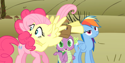 Size: 1920x970 | Tagged: safe, screencap, fluttershy, pinkie pie, rainbow dash, spike, dragon, earth pony, pegasus, pony, g4, over a barrel, female, glomp, hug, male, mare, out of context, saddle bag