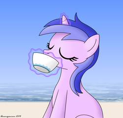 Size: 1024x986 | Tagged: safe, artist:bluemeganium, sea swirl, seafoam, pony, unicorn, g4, beach, cup, drinking, eyes closed, female, magic, sitting, solo, telekinesis