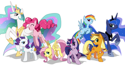 Size: 1000x529 | Tagged: safe, artist:eto, applejack, fluttershy, pinkie pie, princess celestia, princess luna, rainbow dash, rarity, twilight sparkle, pony, unicorn, g4, mane six, pixiv, unicorn twilight